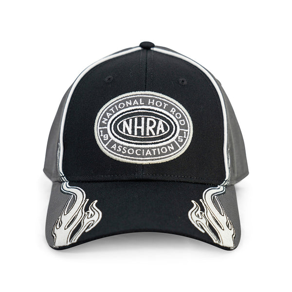 Black, grey and white NHRA National Hot Rod Association baseball cap.