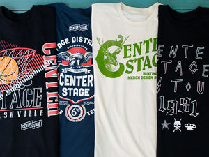 Different color and style Center Stage logo t-shirts. 