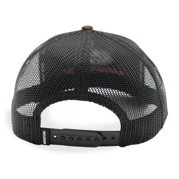 Black mesh cap with a white logo on a white background