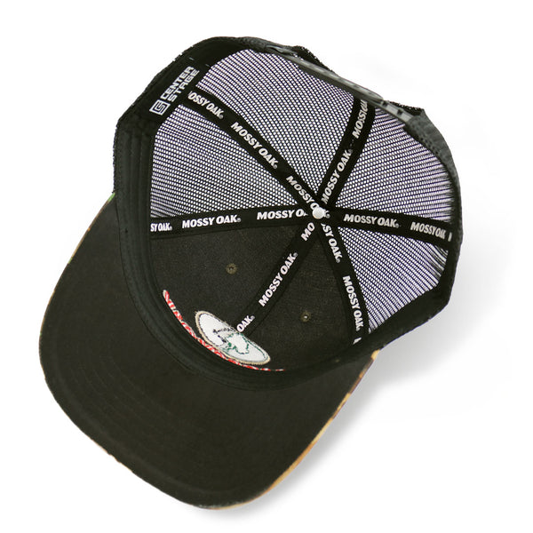 Black cap with mesh back and visible branding on a white background