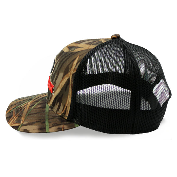 Camouflage baseball cap with mesh back on a white background