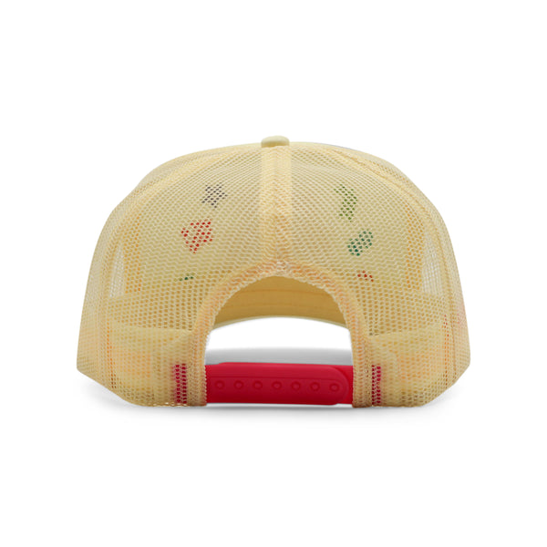 Yellow mesh cap with red brim on a white background