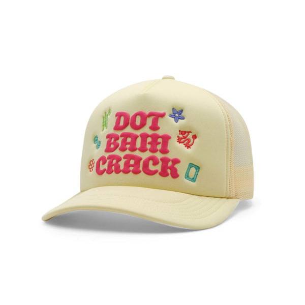 Beige cap with colorful text 'DOT BAM CRACK' on a white background