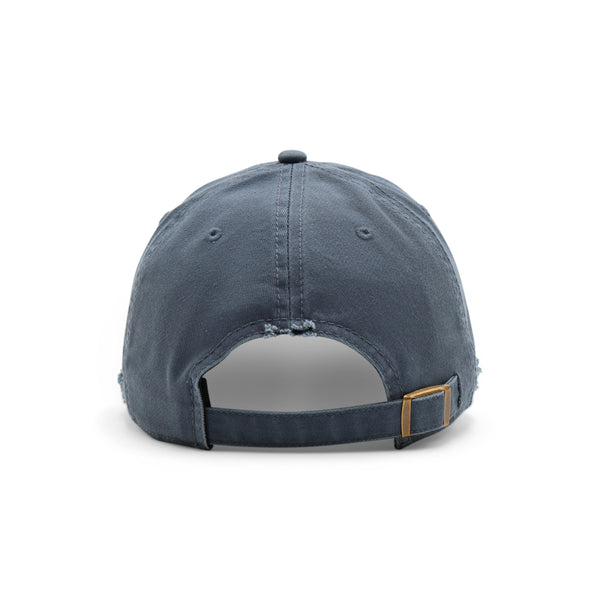 Blue baseball cap with a strap on a white background