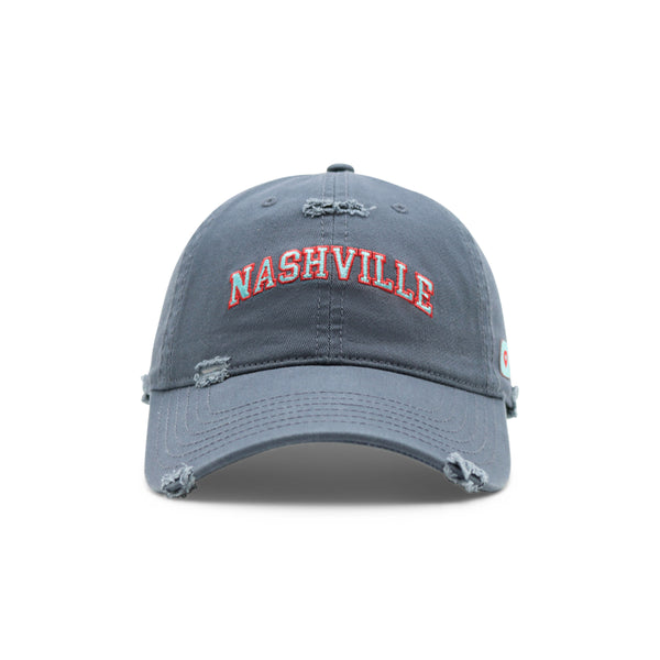 Gray cap with 'Nashville' in red on a white background